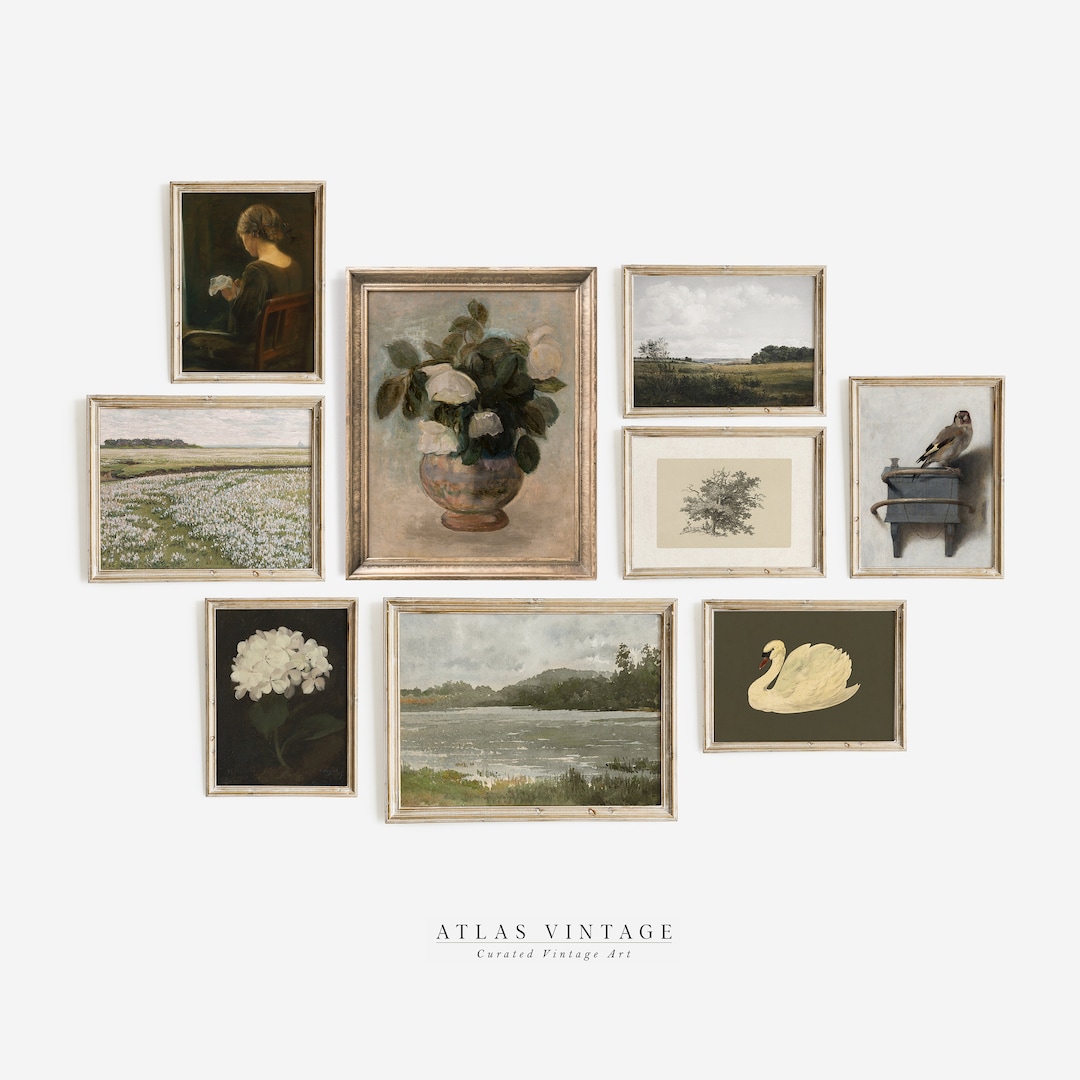 Vintage Botanical Gallery Wall Art Set | Muted Green Tones (digital ...