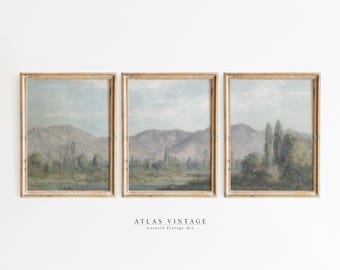 Vintage Summer Landscape Print Set, Mountain Triptych Wall Art (Digital Download)