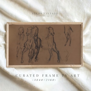 May include: A framed black and white drawing of four horses in various poses. The drawing is on a brown background and is framed in a light wood frame. The text "ATLAS VINTAGE Curated Vintage Art" is at the top of the frame. The text "CURATED FRAME TV ART <3840x2160>" is at the bottom of the frame.