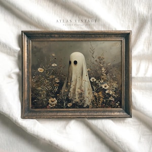 Vintage Cute Ghost in Wildflower Meadow Print, Spooky Halloween Fall Painting Printable Wall Art, Moody Ghost Autumn Decor Digital