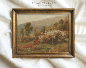 May include: A landscape painting in a dark gold ornate wooden frame featuring a field of white wildflowers, green trees, and rolling hills under a soft sky. The text ATLAS VINTAGE Curated Vintage Art is printed above the framed artwork.