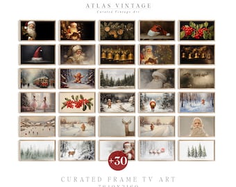 May include: A collection of vintage Christmas-themed digital art prints, featuring Santa Claus, winter landscapes, and festive decorations. The prints are displayed in rectangular frames, with the text "ATLAS VINTAGE" and "CURATED FRAME TV ART" visible.