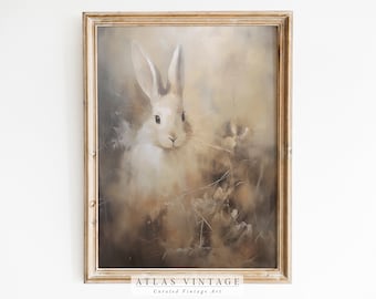 Vintage Easter Bunny Print, Antique Spring Rabbit Oil Painting, Neutralny Rustykalny Wystrój Domku Cyfrowy, Moody Countryside Printable Wall Art