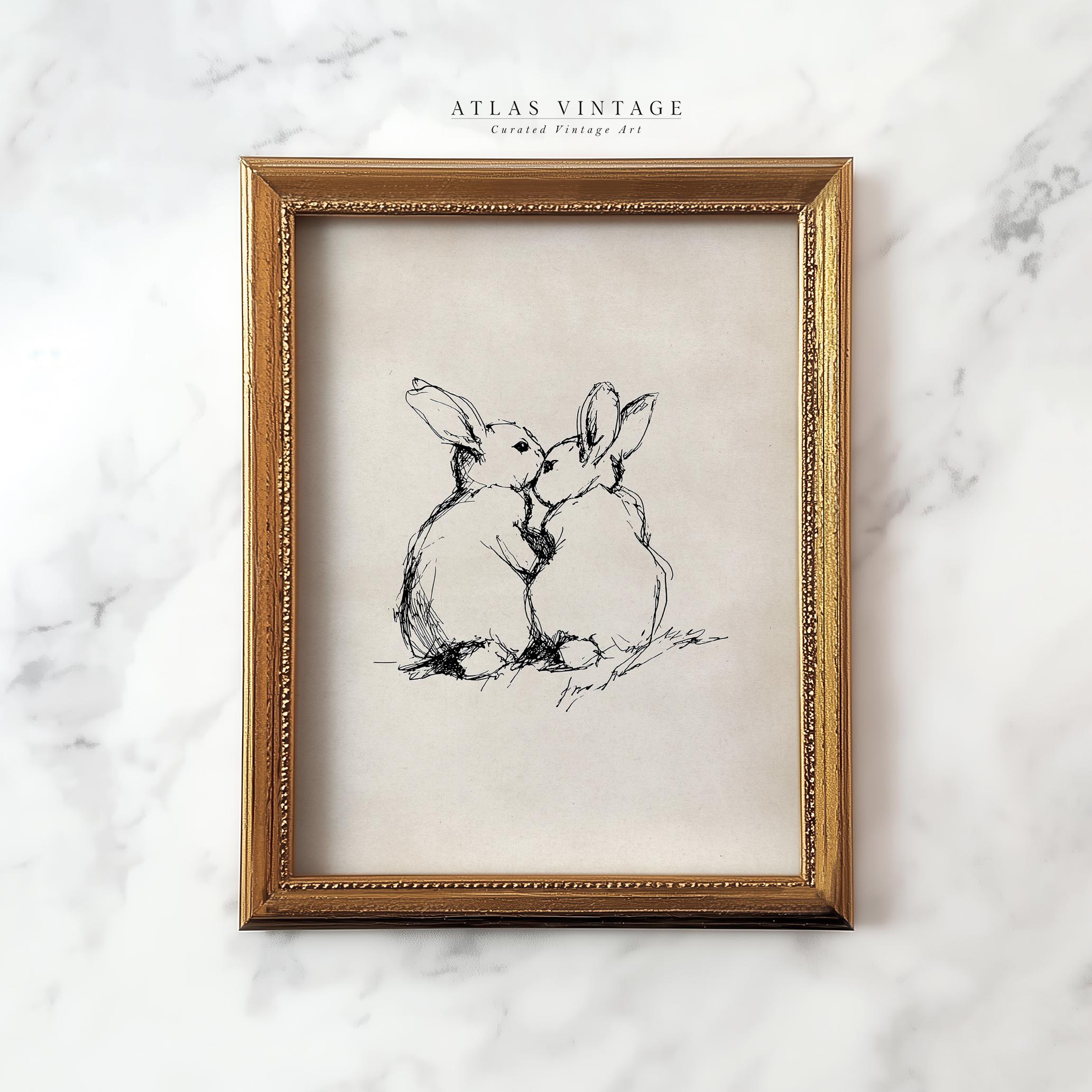 Rabbit Couple Ink Drawing Print, Minimalist Easter Bunny Art