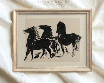 Vintage Black Horses Art Print| Modern Neutral Horse Etching | Abstract Animal Drawing Digital Download | Printable Wall Art
