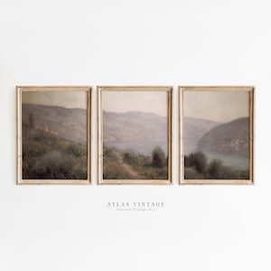 3er Set Vintage Sommer Landschaftsdrucke, Triptychon Französisches Land Druckbare Wandkunst, Rustikale Bauernhaus Dekor, Landschaft See Malerei