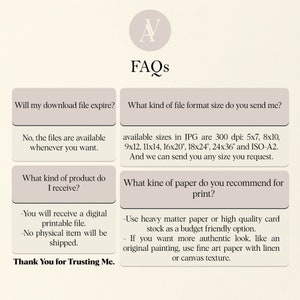 May include: A white background with a light gray circle containing the letter "A" in the center. The text "FAQs" is below the circle. The image contains four white boxes with black text. The first box says "Will my download file expire?" The second box says "What kind of file format size do you send me?" The third box says "What kind of product do I receive?" The fourth box says "What kind of paper do you recommend for print?"