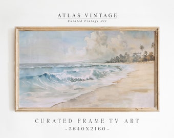 Vintage Neutral Beach Frame Tv Art, Tropical Island Painting Samsung Tv Art, Muted Coastal Summer Decor, Ocean Waves Seascape Screensaver