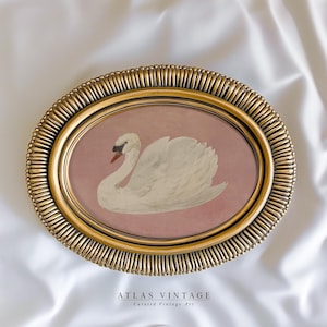 Vintage White Swan Print, Neutral Moody Bird Printable Wall Art, Farmhouse Pink Decor, Antique Swan Painting Digital Prints