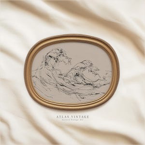 May include: A black and white line drawing of a large wave, framed in a gold oval frame. The drawing is on a beige background. The frame has a decorative border. The text "ATLAS VINTAGE Curated Vintage Art" is below the frame.
