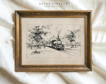 Impresión artística de boceto de tren otoñal / Dibujo imprimible de locomotora de vapor otoñal vintage (descarga digital)