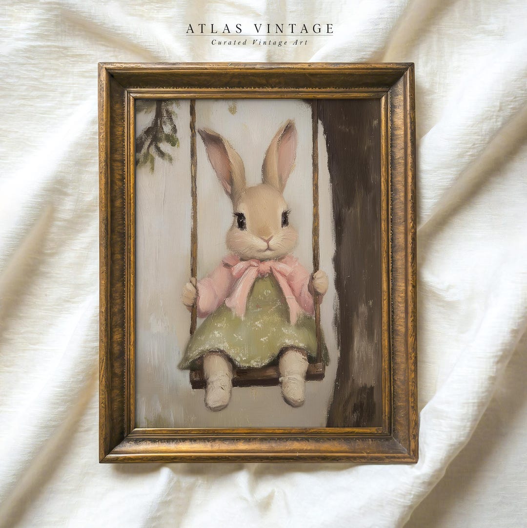 Vintage Easter Bunny on Swing Painting Print, Cute Spring Rabbit in ...