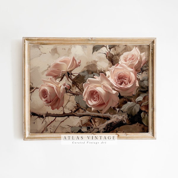 Vintage Valentine Flower Print, Antique Pink Rose Painting, Floral Valentine Wall Art, Moody Spring Farmhouse Décor, Digital Printable