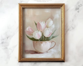 Vintage Tulip Printable Wall Art, Flower Vase Painting Print, Floral Shabby Chic Cottagecore Digital Download, Pastel Rustic Kitchen Decor