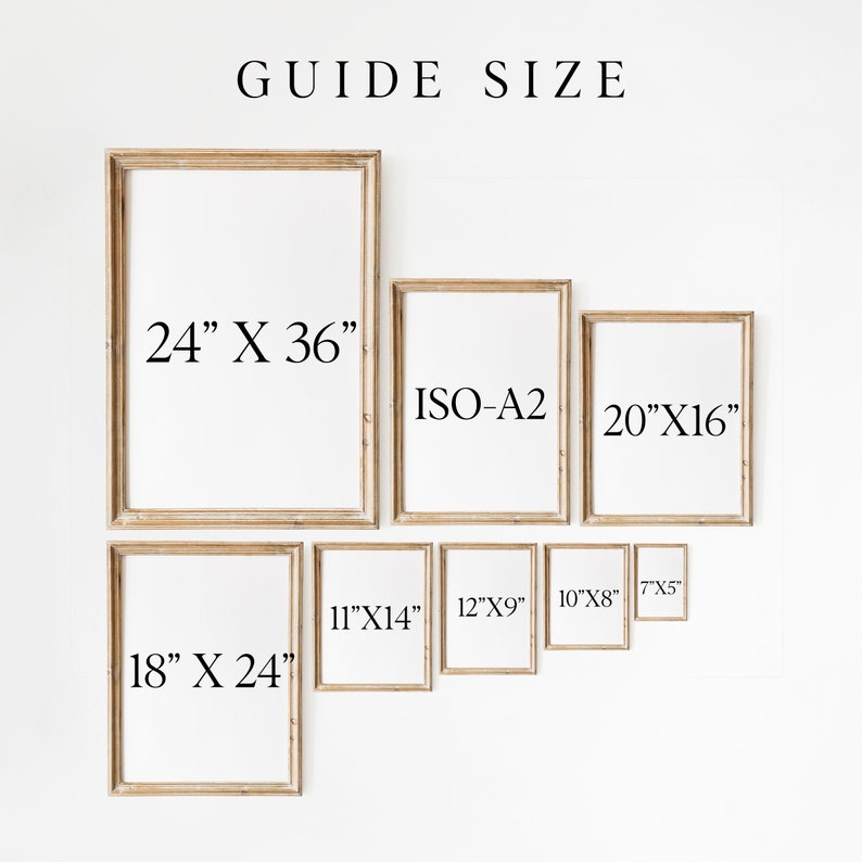 May include: A guide to different picture frame sizes, with the largest frame measuring 24 inches by 36 inches and the smallest measuring 7 inches by 5 inches. The frames are arranged in a descending size order from left to right.