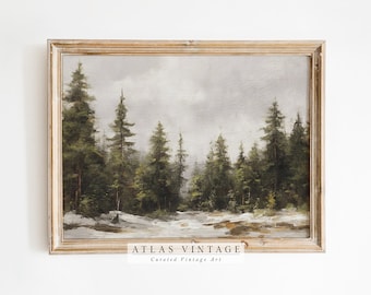Vintage Winter Pine Forest Print, Antique Christmas Décor, Rustic Snowy Landscape Painting, Farmhouse Printable Wall Art, Digital Download