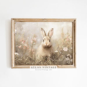 Easter Bunny Vintage Print, Rabbit in Spring Landscape Painting, Rustic Summer Decor, Hare Nursery Wall Art Printable, Neutral Moody Meadow
