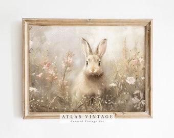 Easter Bunny Vintage Print, Rabbit in Spring Landscape Painting, Rustic Summer Decor, Hare Nursery Wall Art Printable, Neutral Moody Meadow
