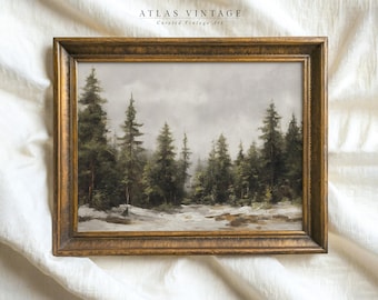 May include: A framed painting of a winter forest scene with tall evergreen trees and a snowy ground. The painting is in a gold frame and has the text "ATLAS VINTAGE Curated Vintage Art" at the top.