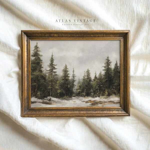 Impresión vintage de bosque de pinos invernal, decoración navideña antigua, pintura rústica de paisaje nevado, arte mural imprimible de estilo rústico, descarga digital