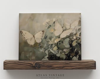 Vintage Butterfly Floral Painting, Sage Green Cottagecore Print (Digital Download)