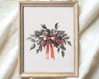 Vintage Mistletoe Christmas Painting Print, Antique Winter Decor (Digital Download)