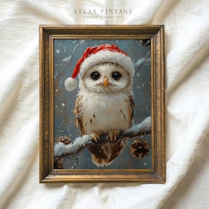 Vintage Christmas Barred Owl Print, Cute Owl in Santa Hat Painting Digital Print, Winter Holiday Printable Wall Art, Xmas Festive Wall Decor