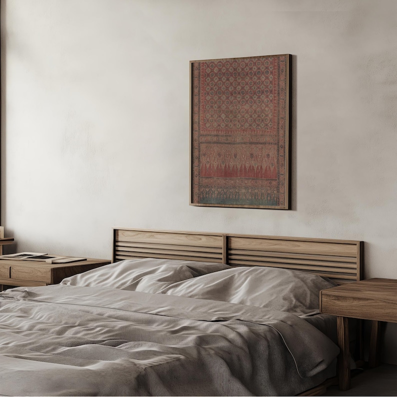 Rustic red and brown Persian carpet artwork in digital format, ideal for home interiors