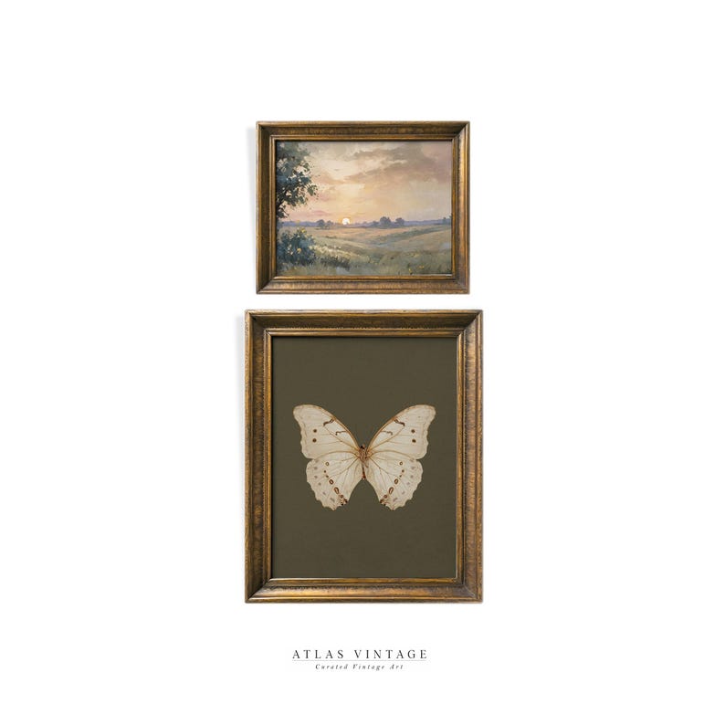 Vintage Set of 2 Sage Green Prints, Moody Gallery Wall Set, Antique Butterfly Painting Decor, Muted Sunset Landscape Printable Digital Print