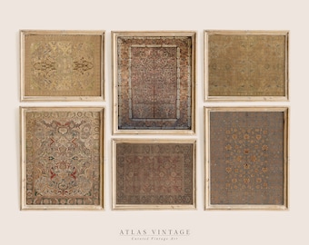 Vintage Rug Gallery Wall Set | Antique Tapestry Set Of 6 Prints | Warm tone Cottagecore Decor | Textile Printable Wall Art| Digital Download