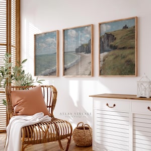 Vintage French Coastal Cliff Set Of 3 Prints, Summer Beach Painting Triptych Printable Wall Art, Coastal Seaside Decor Digital Download