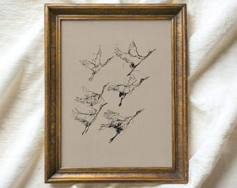 Minimalist Flock of Cranes Line Drawing Print, B&W Bird Printable Wall Art, Modern Coastal Summer Decor, Digital Download