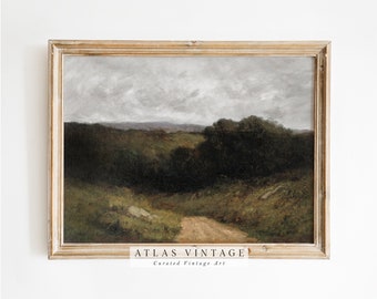 Vintage Country Road Landscape Print, Dark Green Rustic Wall Art (Digital Download)