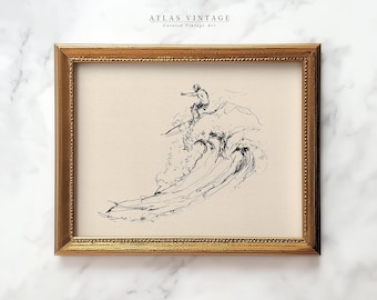 May include: A black and white line drawing of a surfer riding a wave. The drawing is framed in a gold frame with a white mat. The text "ATLAS VINTAGE Curated Vintage Art" is printed at the top of the image.