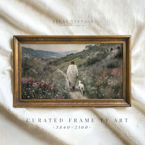 Vintage Christian artwork showing Jesus walking in a meadow, leaving the ninety-nine sheep.