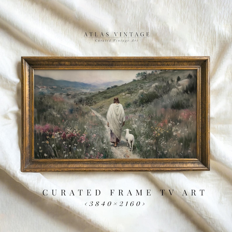 Vintage Christian artwork showing Jesus walking in a meadow, leaving the ninety-nine sheep.
