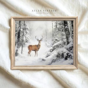 Vintage Hirsch druckbare Wandkunst, rustikaler Winterdruck, antikes verschneites Ölgemälde, Weihnachtsdekor auf dem Land, digitaler Download