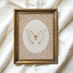 Vintage White Butterfly Print, Neutral Insect Printable Wall Art, Cottagecore Moth Pink Decor, Beige Botanical Aesthetic Digital Download