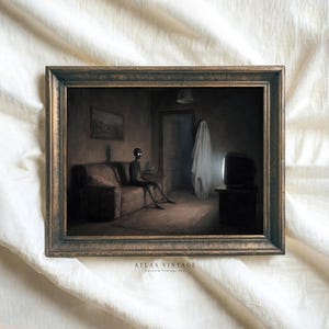 Halloween Ghost Watching TV Print, Spooky Horror Painting Printable Wall Art, Moody Creepy Dark Academia Decor, Digital Download