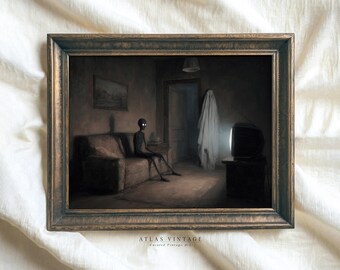 Halloween Ghost TV Painting, Spooky Dark Academia Wall Art (Digital Download)