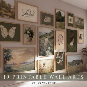 Curated Vintage Gallery Wall Set Of 19 Prints, Cottagecore Botanical & Animal Printable Wall Art, Countryside Rustic Neutral Green Decor