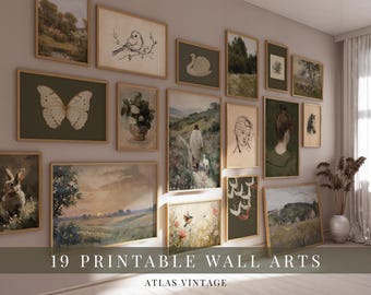 Vintage Cottage Core Gallery Wall Art Set, Rustic Botanical Animal Prints (Digital Download)