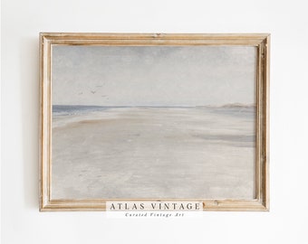 Vintage Neutral Beach Painting, Soft Coastal Landscape Print, Summer Printable Wall Art, Muted Seascape Beach House Decor, Digital Download