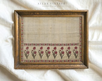 Vintage Tulip Botanical Tapestry Print, Red Floral Embroidery Textile Printable Wall Art, Rustic Country Spring Decor, Digital Download
