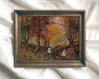 May include: A framed painting of a forest scene with autumn leaves in shades of red, orange, and yellow. Three white ghosts are visible in the forest.