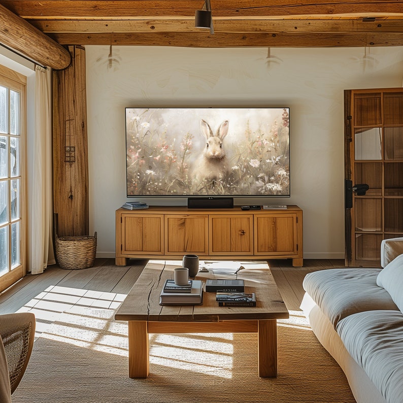 Puede incluir: Una sala de estar con suelo de madera, un armario de madera con un televisor en la parte superior, una mesa de caf&eacute; con libros y una taza, y un sof&aacute; blanco. El televisor muestra una imagen de un conejo en un campo de flores.