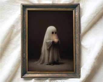 May include: A framed vintage print featuring a child dressed as a ghost, holding a lit candle. The artwork has a dark, moody aesthetic with a soft, ethereal quality. The frame is a dark, ornate wood. The text "ATLAS VINTAGE" and "Curated Vintage Art" is at the bottom.