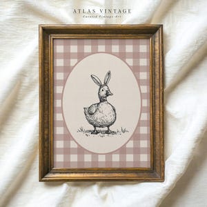 Printable Easter Duck Sketch Wall Art, Rustic Nursery Spring Print, Funny Bunny Drawing Duck, Vintage Gingham Country Kitchen Decor Digital