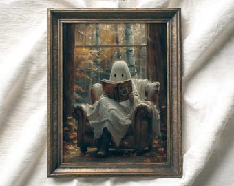 Vintage Halloween Ghost Reading Print, Spooky Academia Decor (Digital Download)