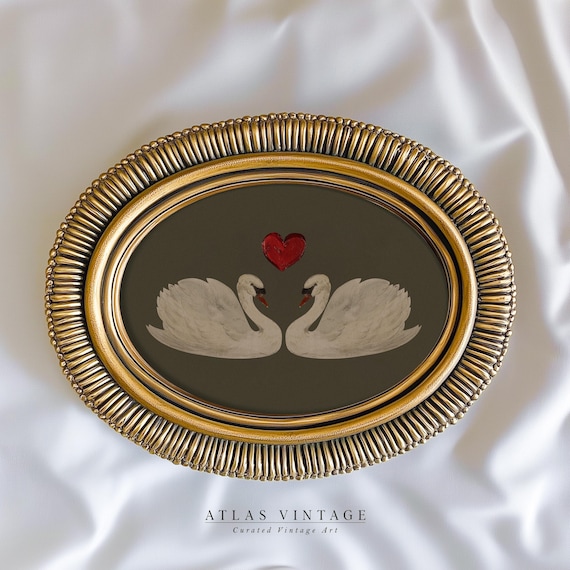 Vintage Swan Valentines Day Print, Love Swan Painting, Sage Green Valentine Decor, Romantic Printable Wall Art, Love Bird Digital Prints
